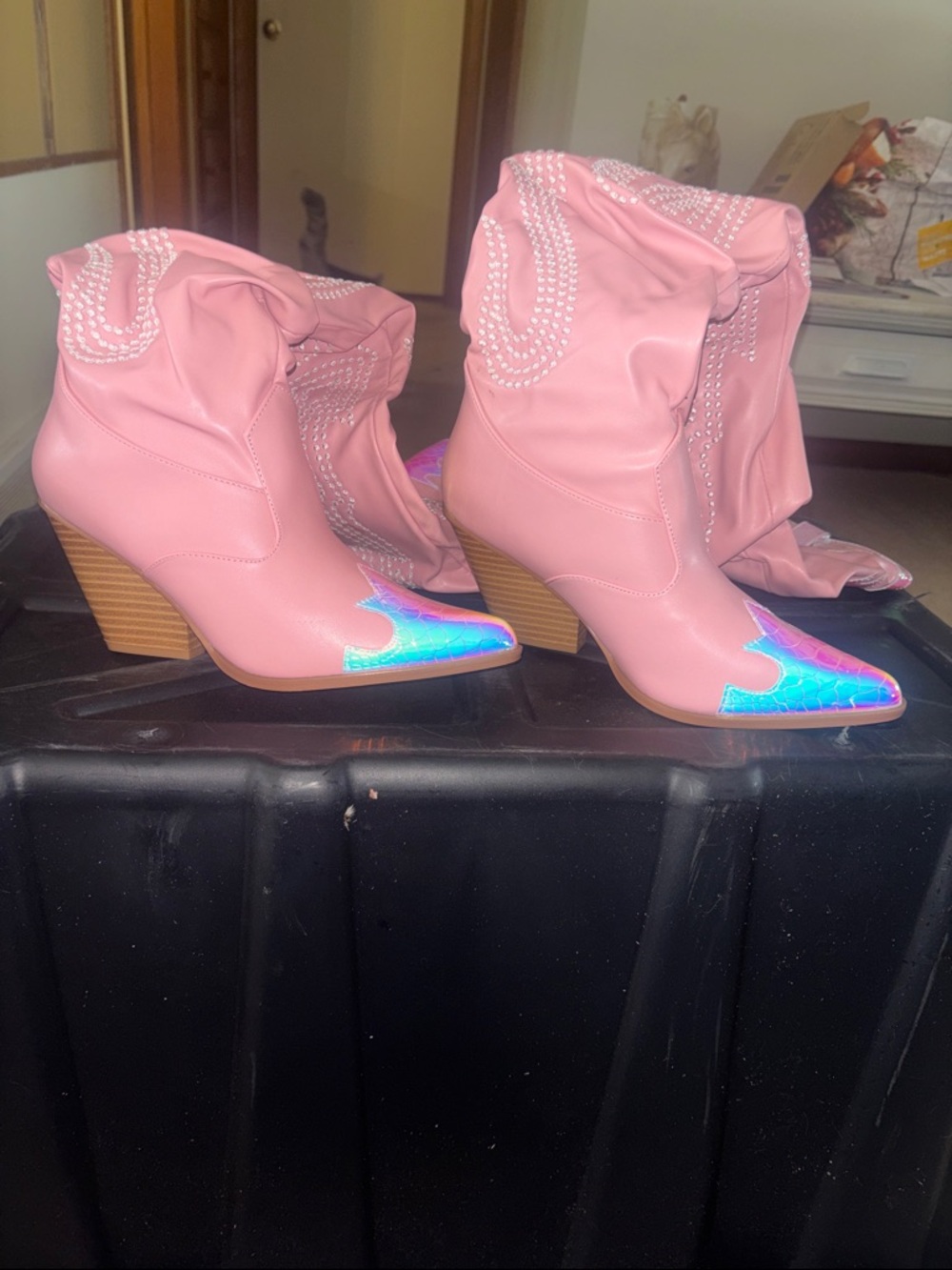 Cape Robbin Pink Over-the-Knee Western Boots with Iridescent Blue Toe